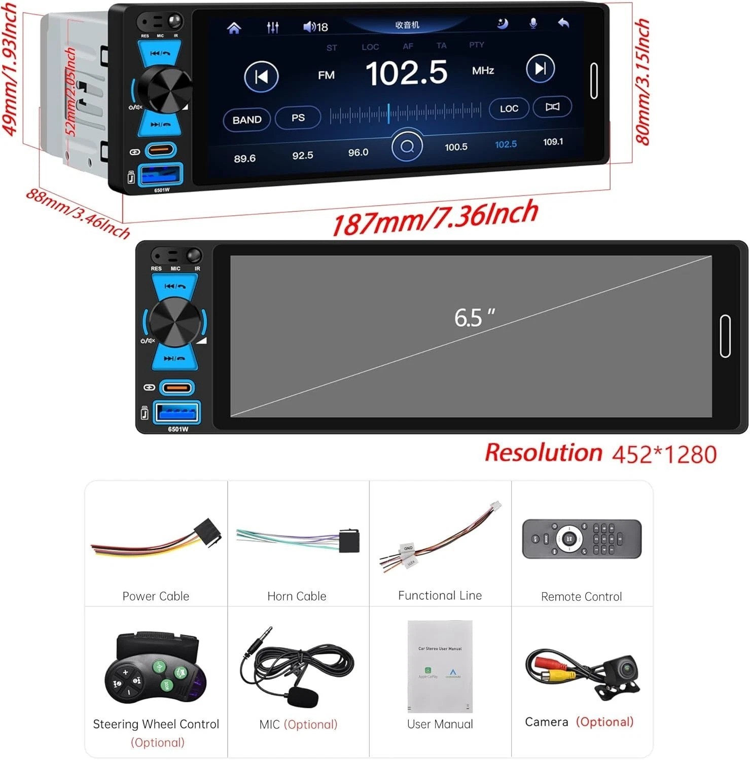 6.5″ Single Din Car Stereo Wireless Apple CarPlay Android Auto, Car Radio Blu…