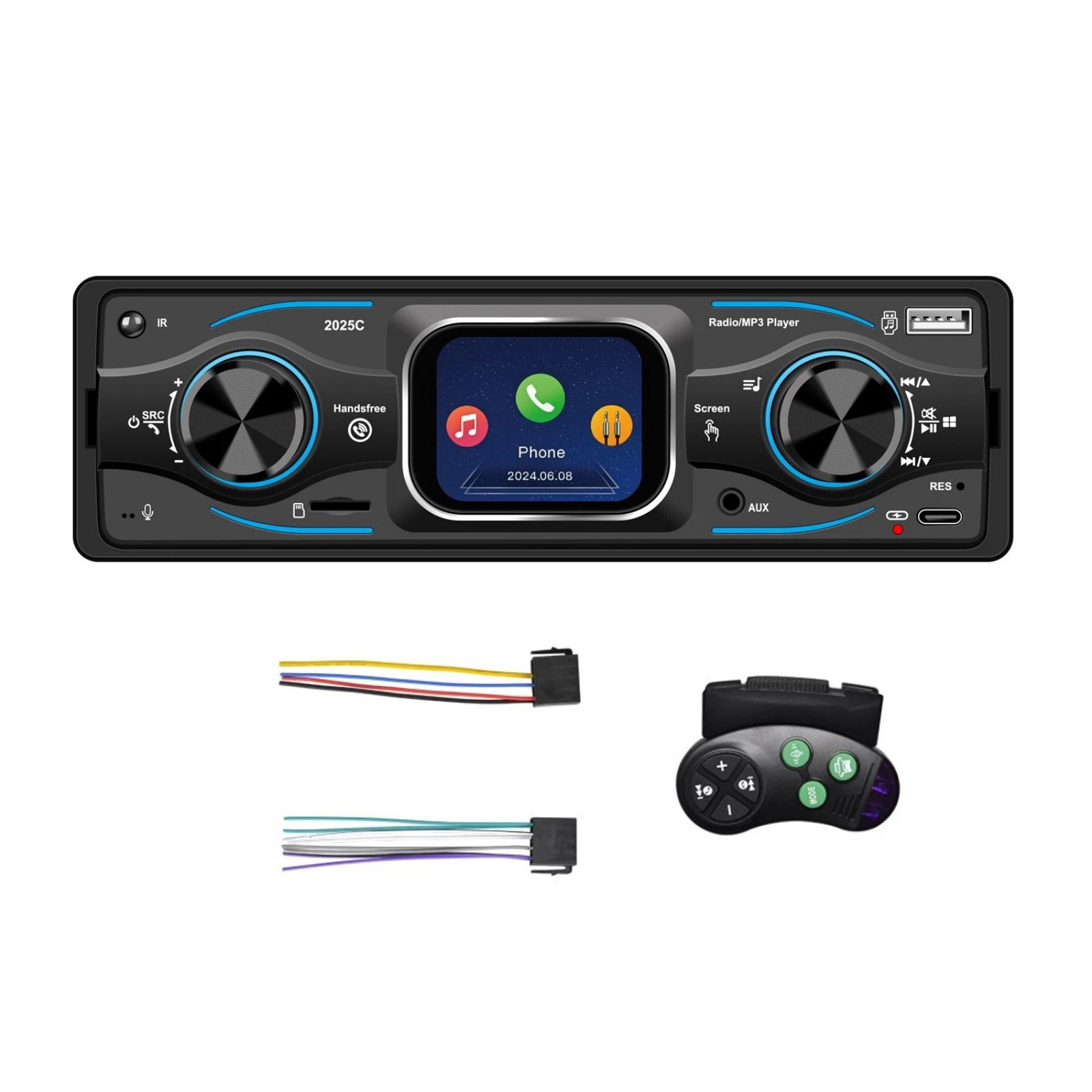 1DIN Car Radio with LED Segment Display, 7 Colors Blue Red Yellow Purple Green