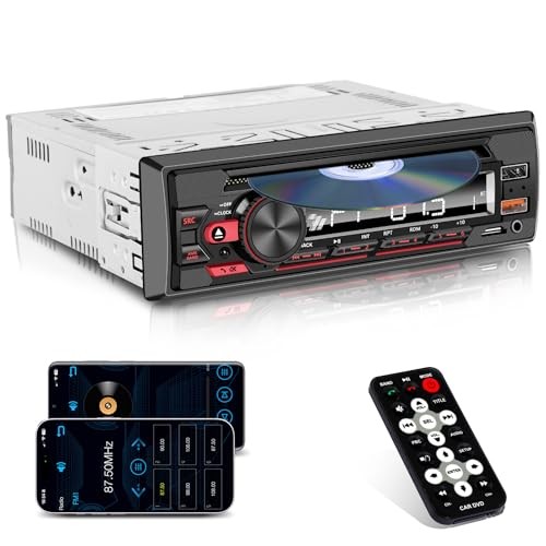 Single DIN CD/DVD Car Stereo with Bluetooth Hands-Free Calling, Push-to Black