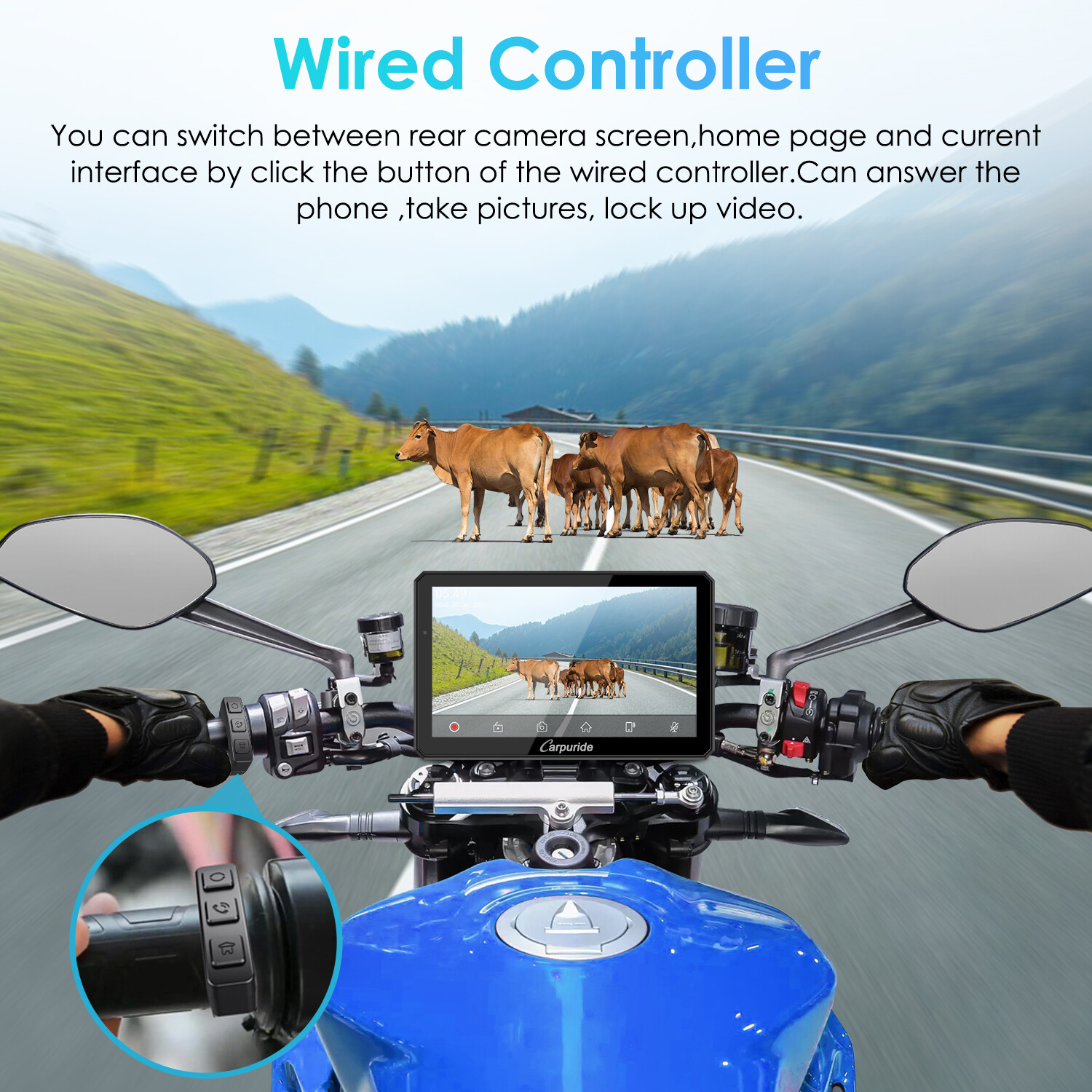 Carpuride W712D Wireless Carplay Android Auto Motorcycle Wired Controlled TPMS