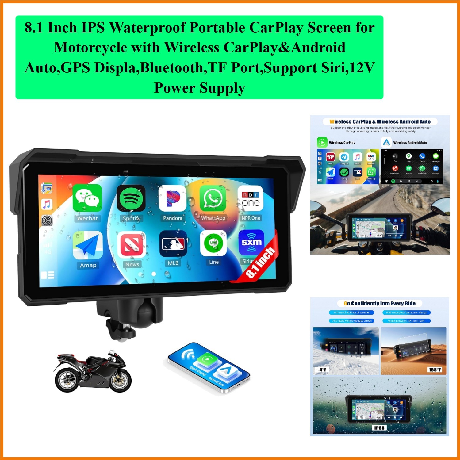 8.1 Inch IPS Waterproof Portable CarPlay Screen for Motorcycle with Wireless …