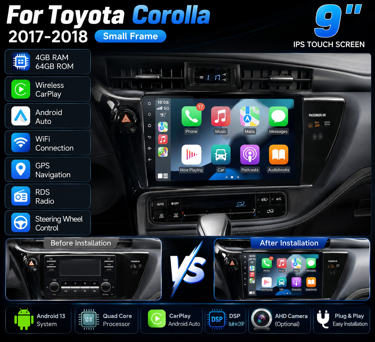 Apple Carplay For Toyota Corolla 2017-2018 Android 13 Car Stereo Radio GPS 4+64G