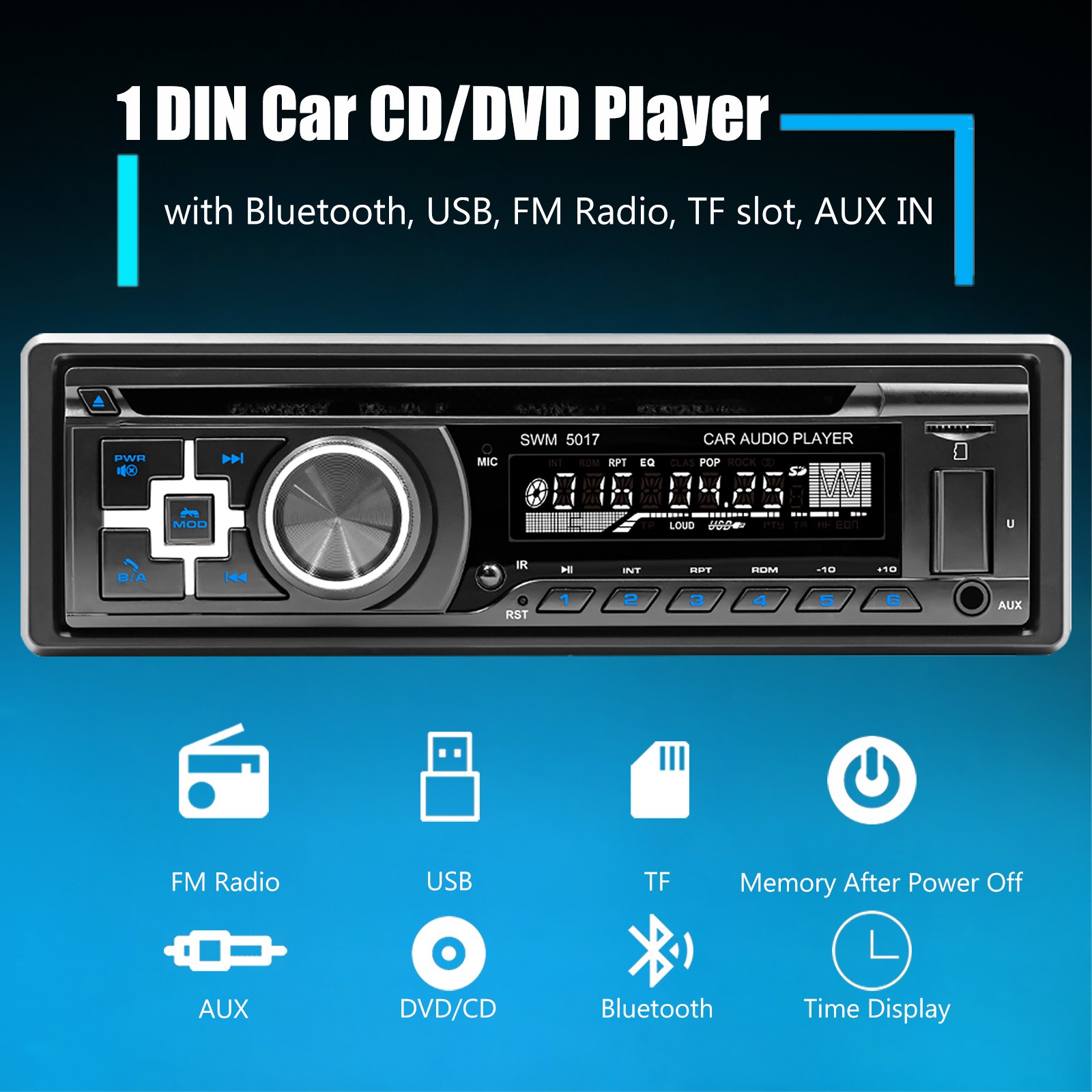 Single 1 DIN Car Stereo Bluetooth CD DVD Player FM AM RDS Radio MP3 USB AUX