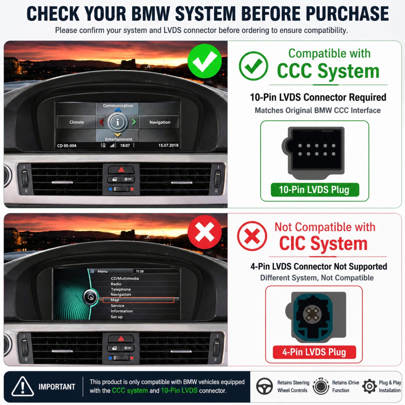 Wireless CarPlay TouchScreen For CCC BMW 3/5 Series E90 E91 E92/93 E60 E61 E63