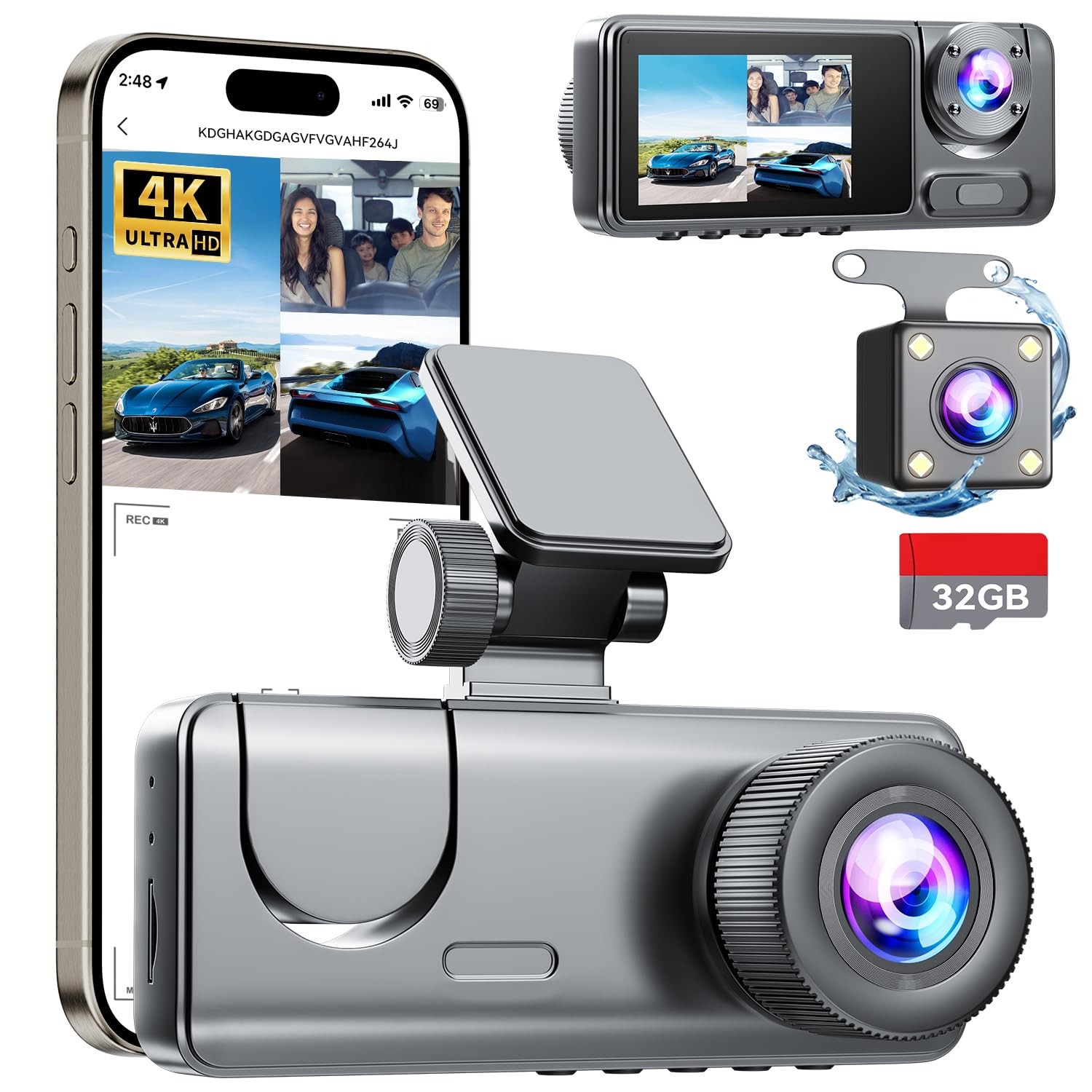 3-Channel 4K Dash Cam Front+Rear+Inside, Built-in 32GB Card, Night Vision