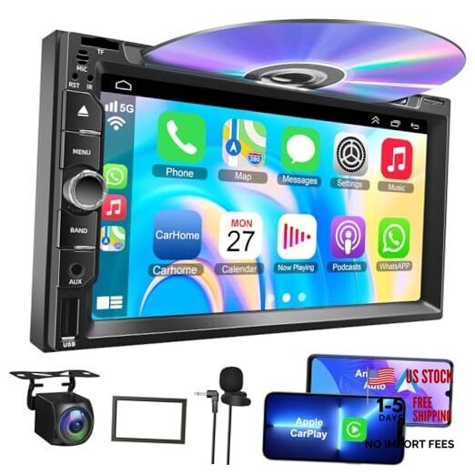 Double Din car Stereo with CD/DVD Player- CarPlay & Android Auto, Car Style-A