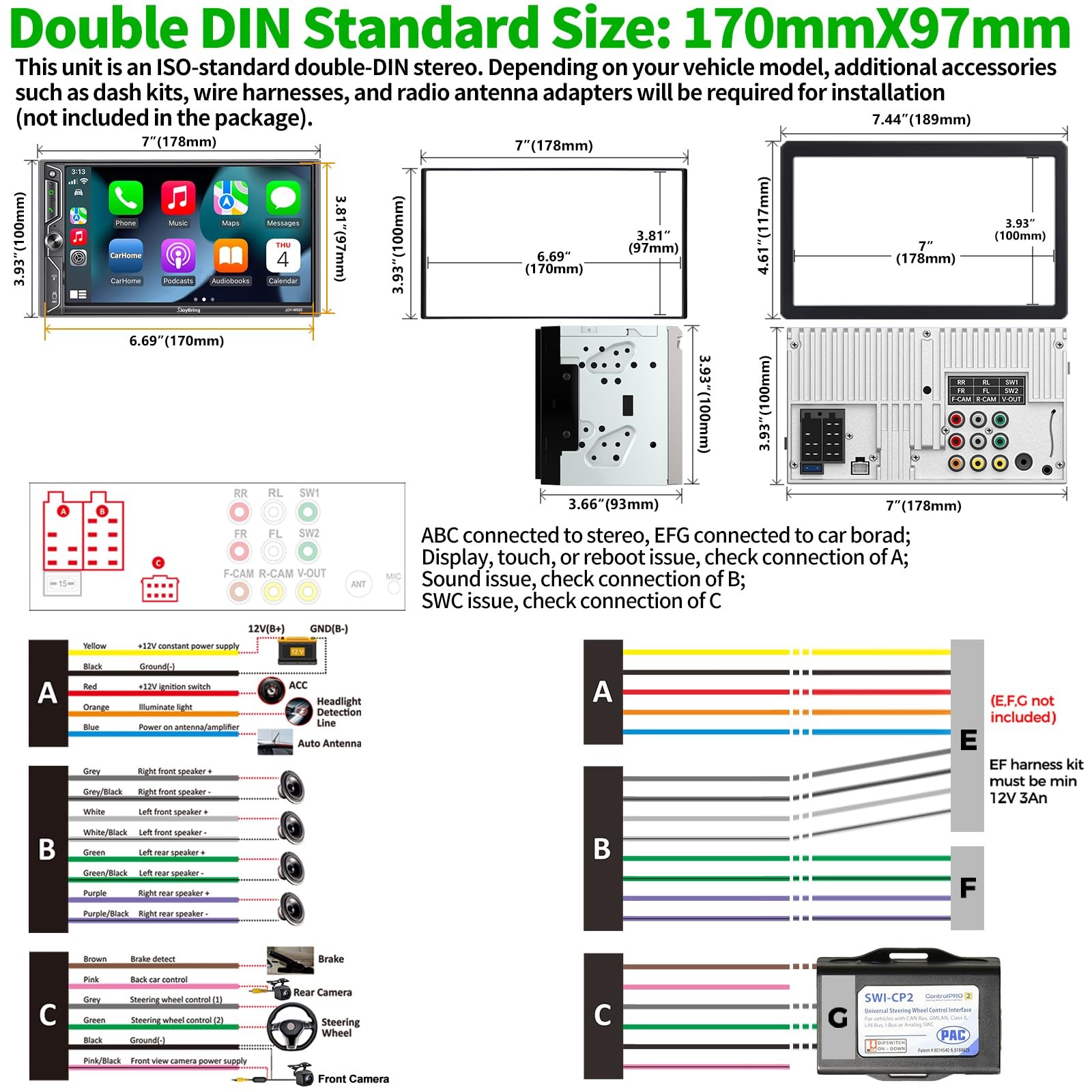 SJoyBring [QLED Screen Upgrade] 7″ Double Din Car Stereo with Dash Cam, Wirel…