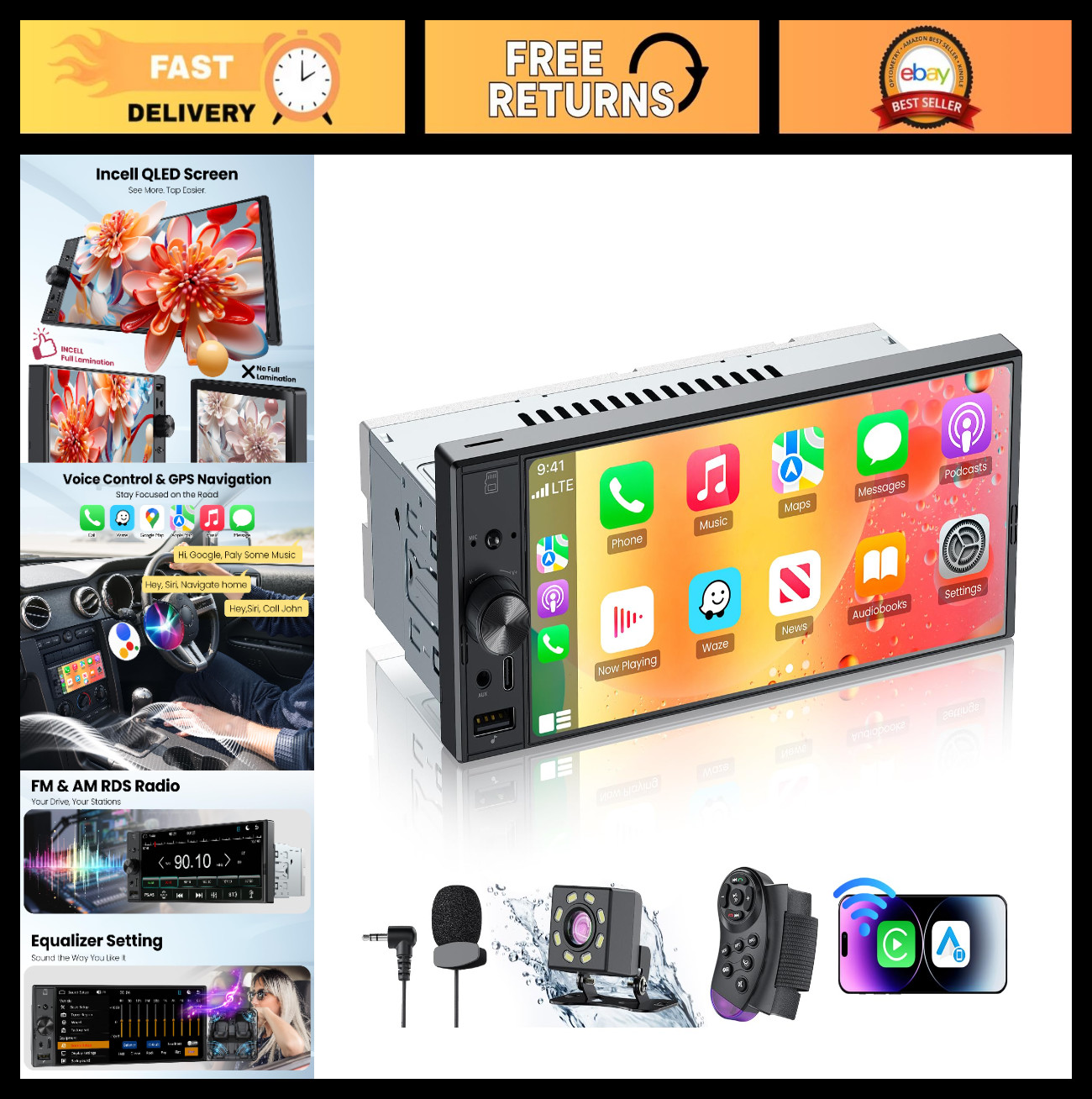 6.9″ Single Din Car Stereo with Apple CarPlay, Android Auto, Bluetooth 5.3, 1080