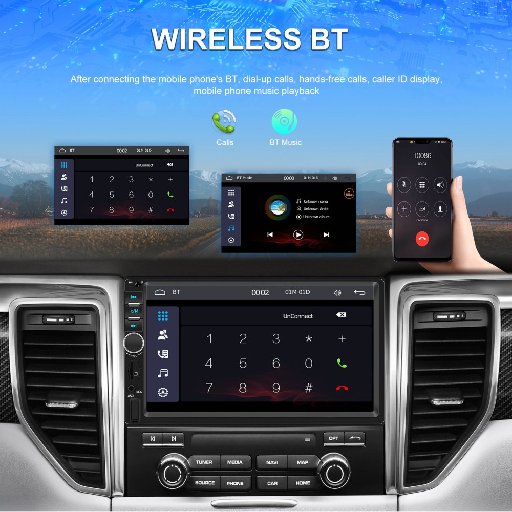 2 Din Apple Carplay Android Auto 7″ Car Stereo Radio Bluetooth Touch Screen Cam