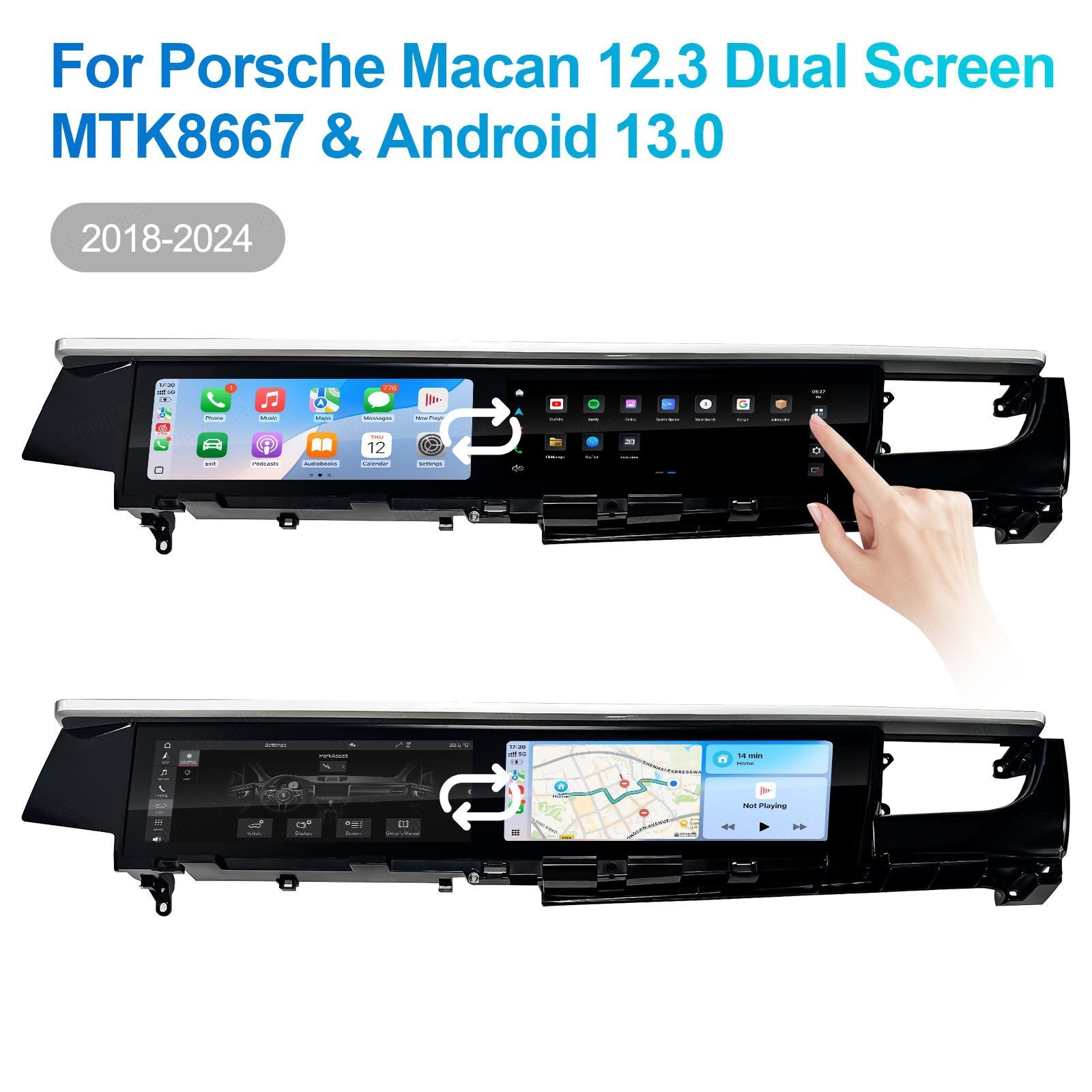12.3″ Dual Screen Car Radio For Porsche Macan 2018-2024 GPS Stereo Carplay 4+64G