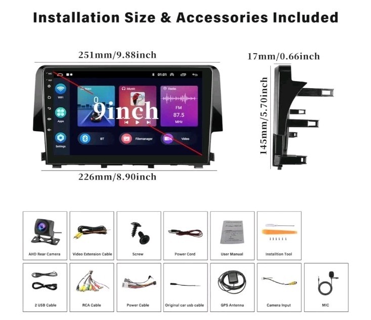Car Stereo for Honda Civic 2016-20 carplay Android GPS Backup Camera MIC FM NAV