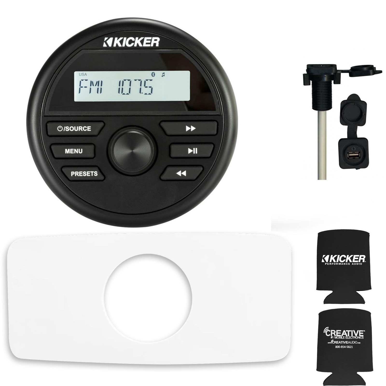 Kicker 46KMC2 Marine Radio, Stinger SEADASH3W 3″ Kit White SMRAUXUSB3 Usb/Aux