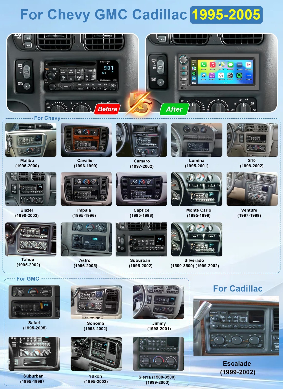 For GMC Chevy Cadillac 1995-2005 Apple Carplay Car Stereo Radio GPS Navigation