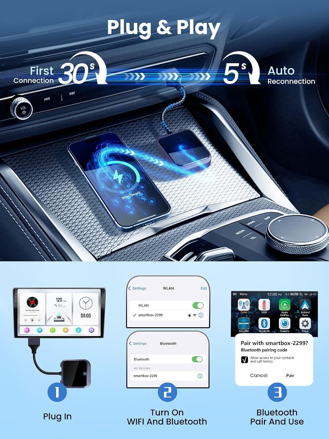 Wireless CarPlay Adapter For iOS Android Wireless Carplay Dongle,Plug Play WiFi