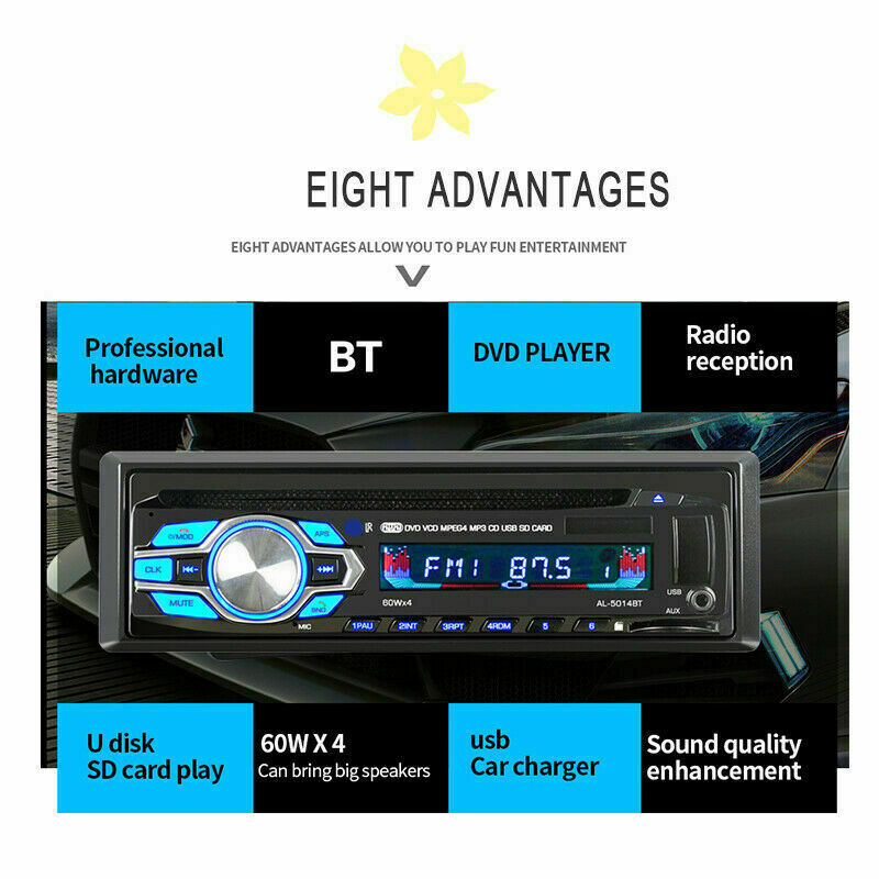 Single 1 Din Car Radio DVD CD MP3 Player Audio Stereo FM Bluetooth In-dash Unit