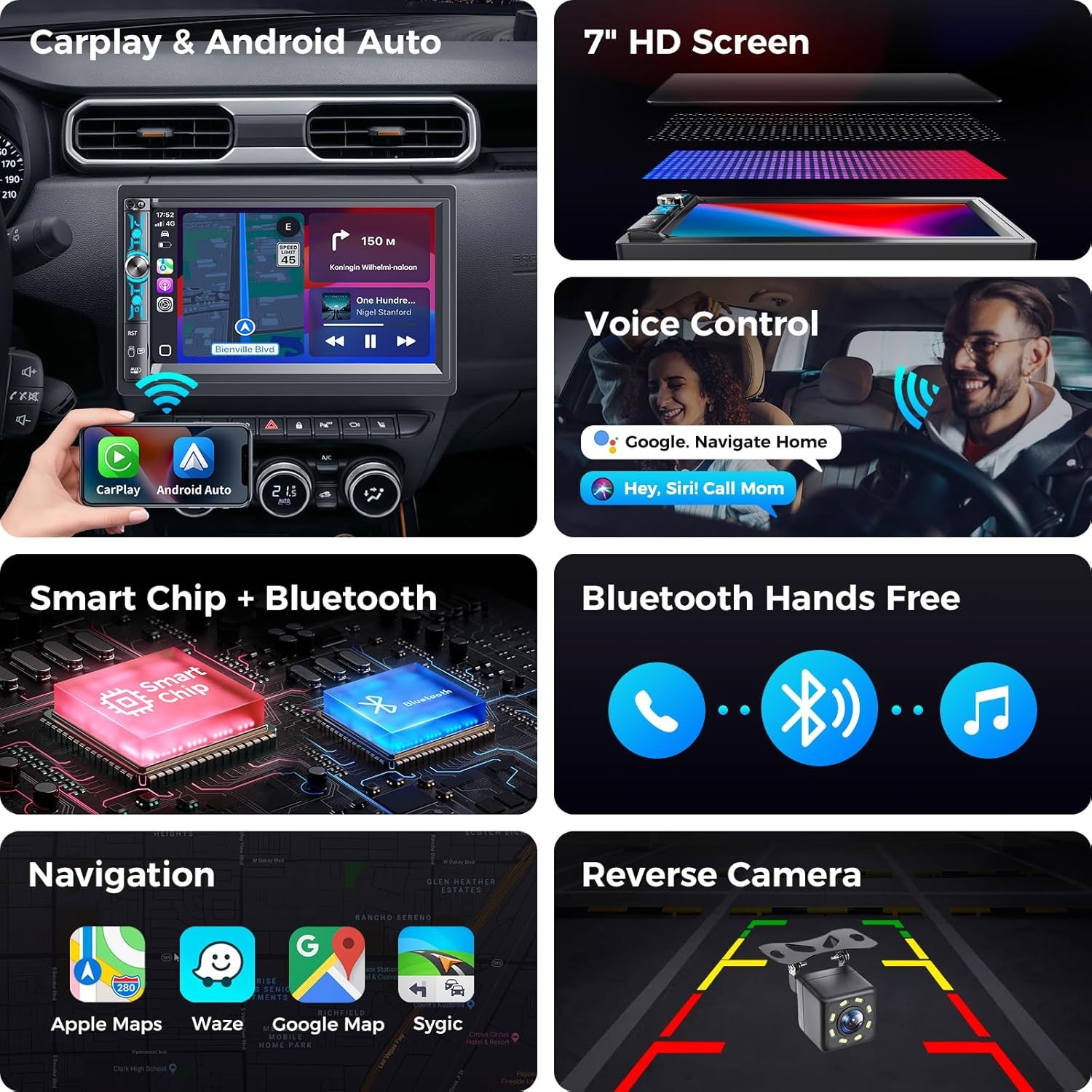 Double Din 7 Inch Car Radio Wireless Carplay Backup Cam
