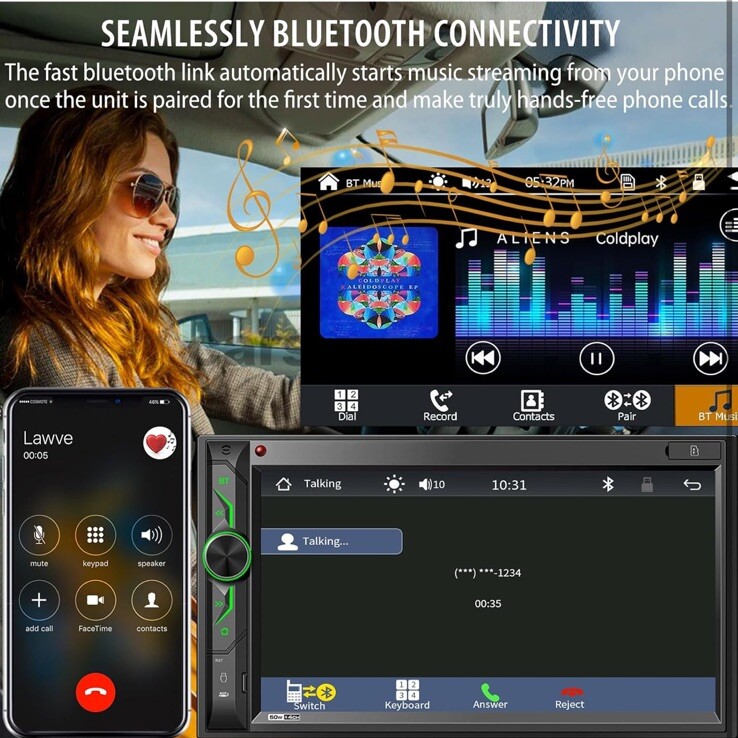 Double Din Car Stereo With Bluetooth: 7 In HD Car Multimedia Receiver Mp5 Player