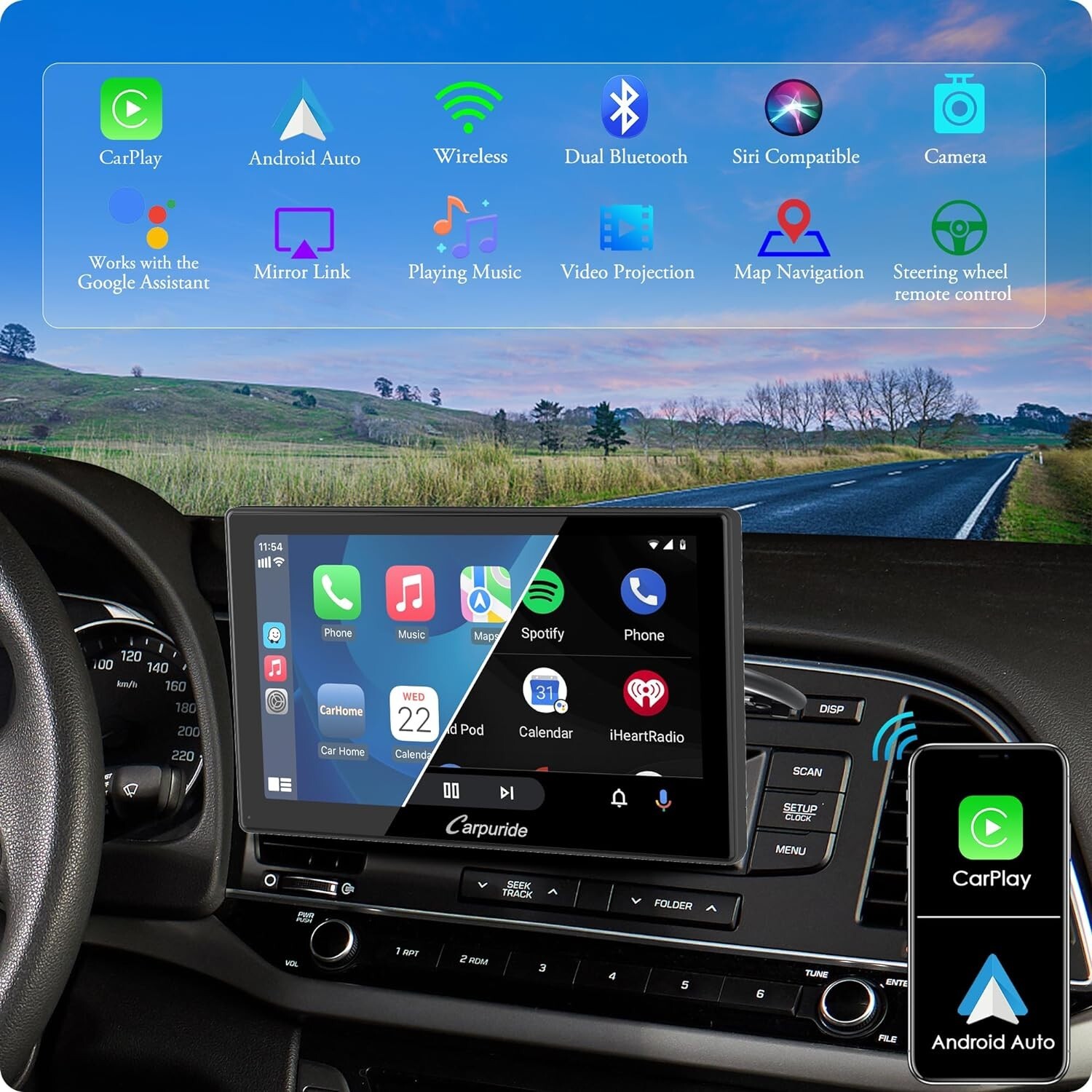 2023 Newest Portable Carplay BT Stereo Wireless Apple Android Auto Backu