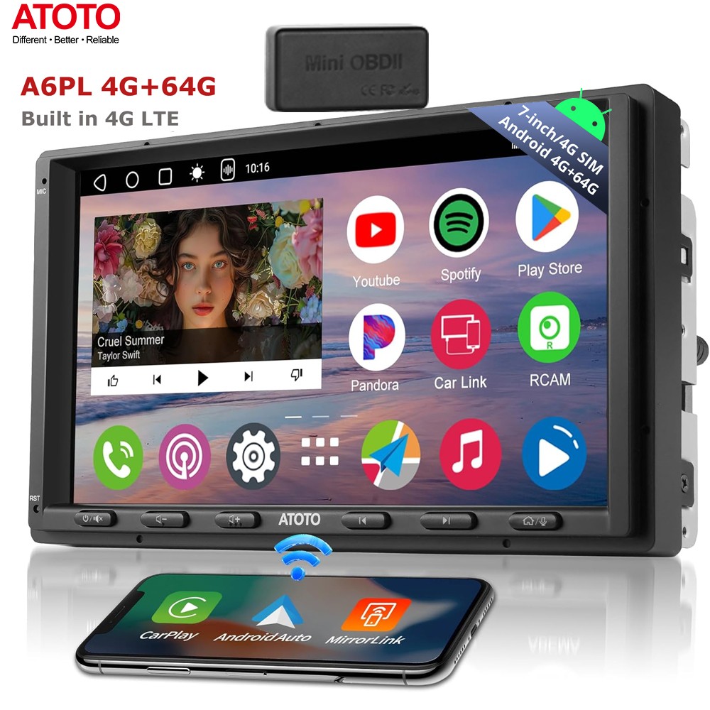 ATOTO A6 4G+64GB Double DIN 7″ Receiver Apple Carplay SiriusXM DVR On-Dash OBDII