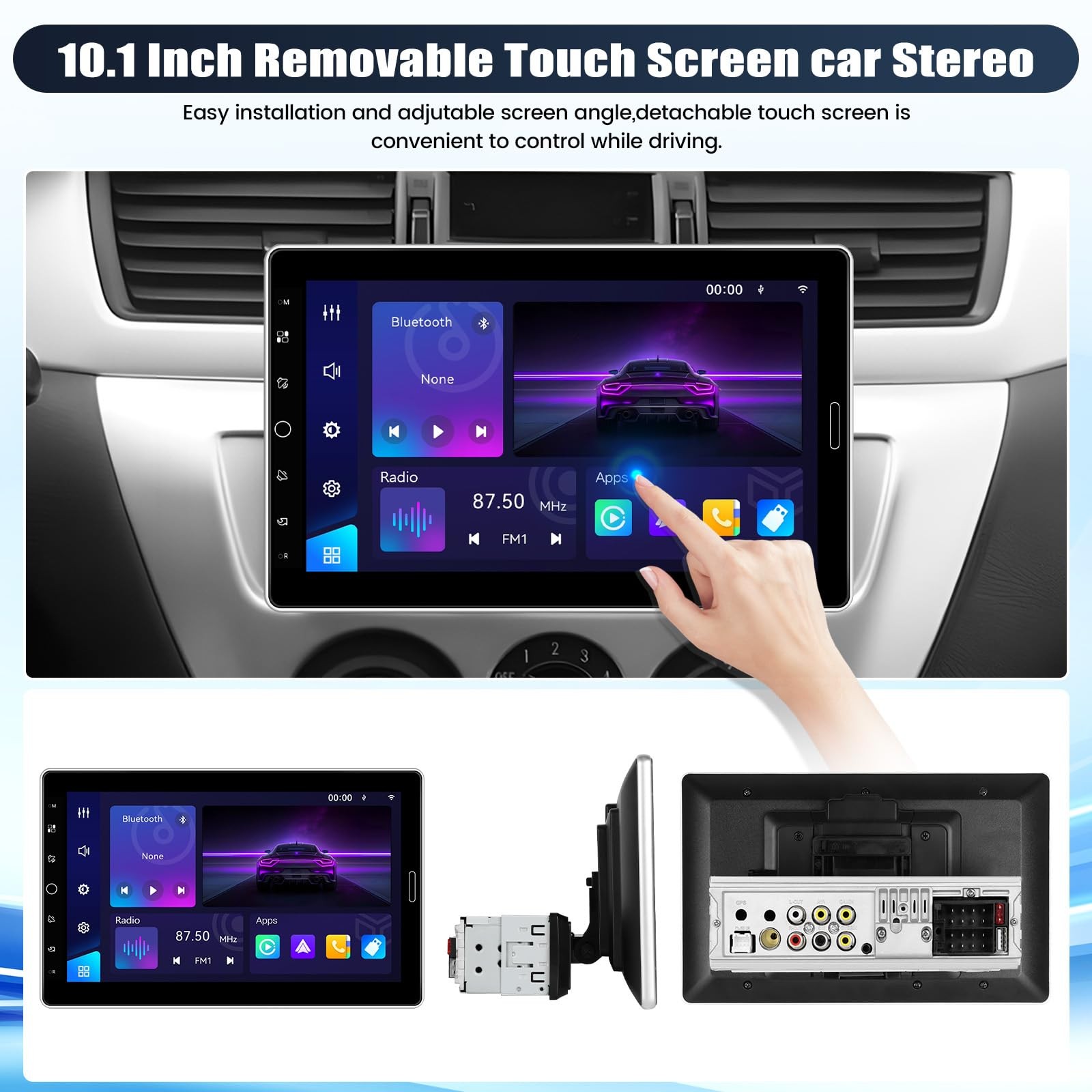 10.1 Inch Single Din Car Radio Stereo with Wireless CarPlay&Android Auto, Det…