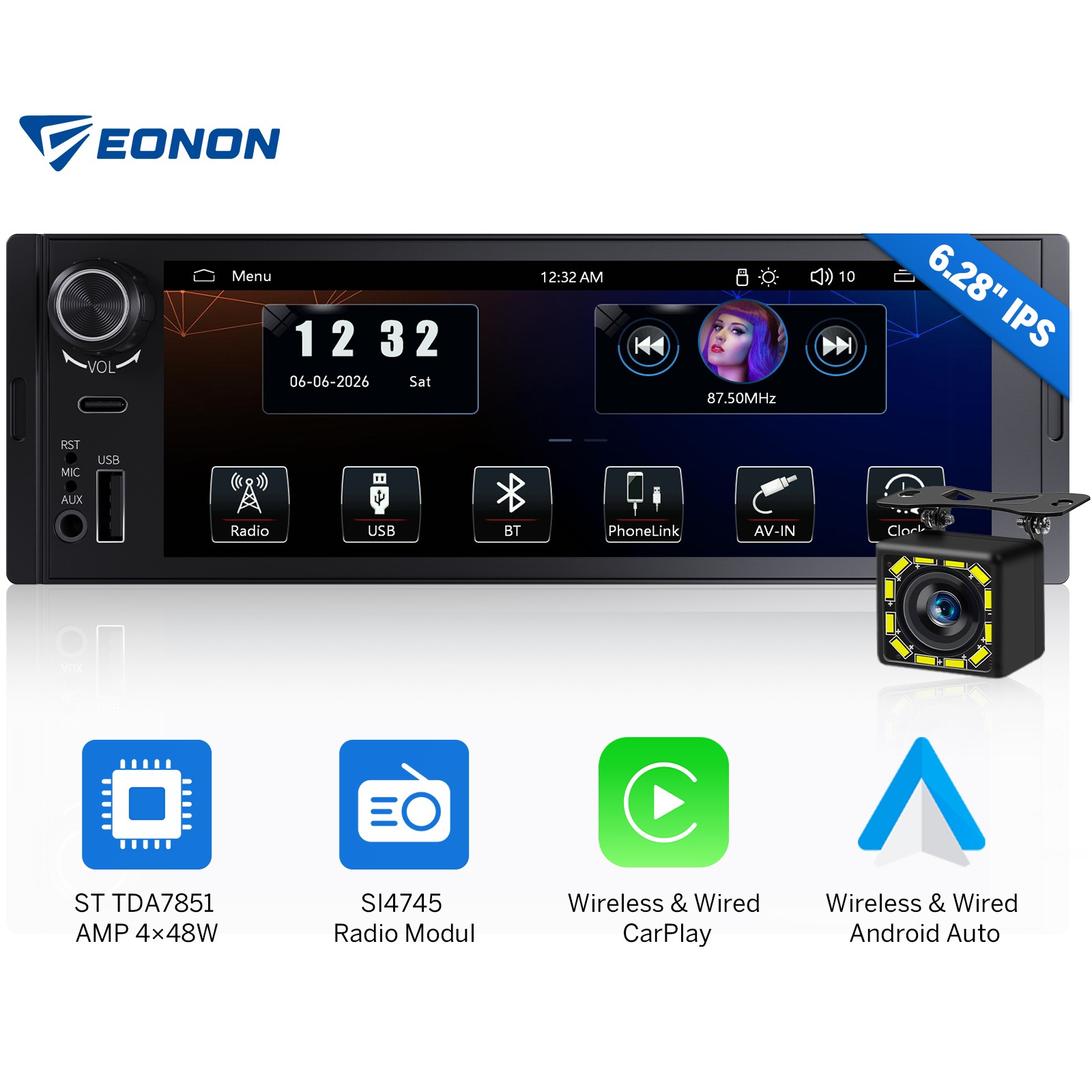 6.28″ IPS Android Auto Single DIN Car Stereo Apple CarPlay GPS USB-C Radio Audio