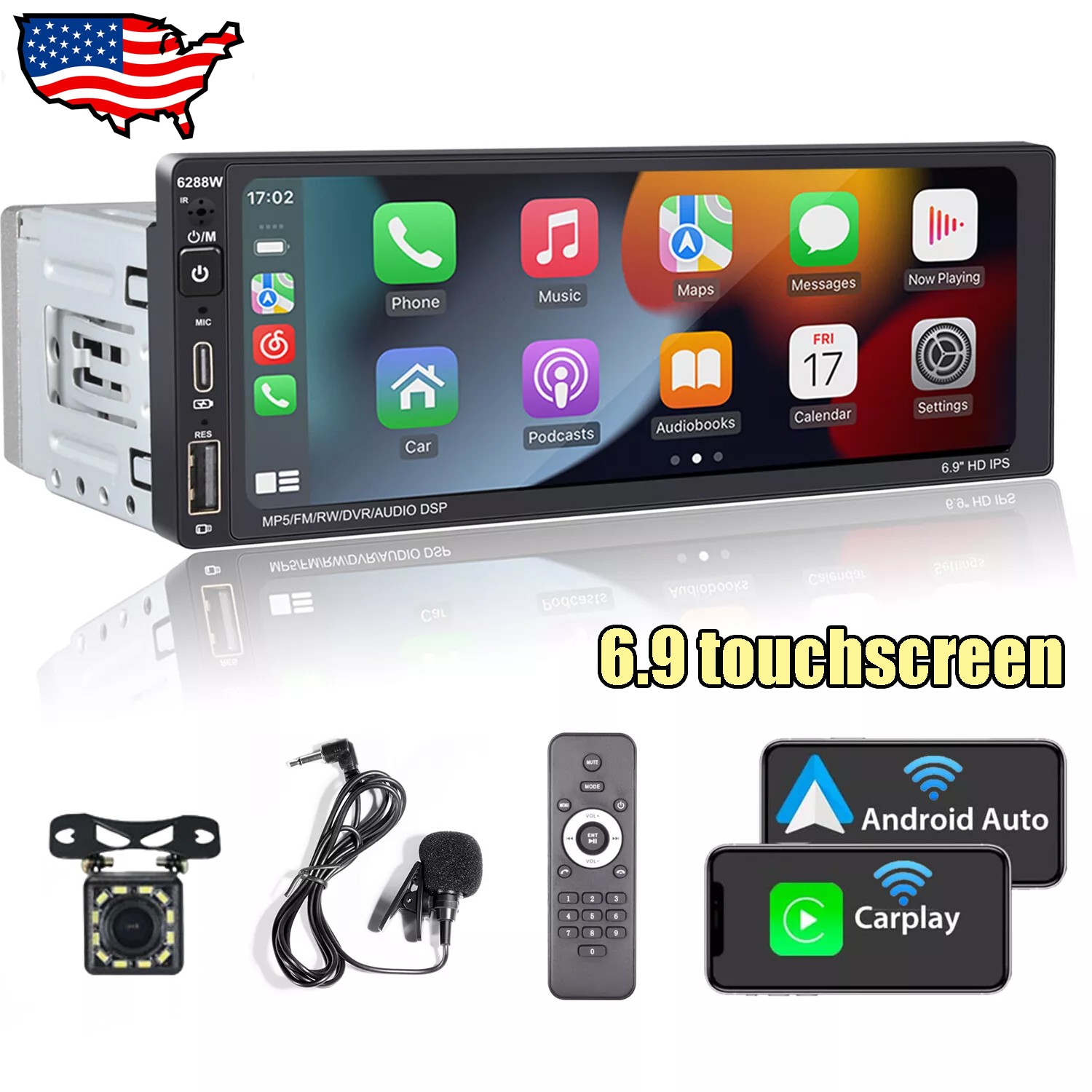 Single 1Din 6.9″Touch Screen Stereo Bluetooth Car Radio Apple/Android Carplay FM