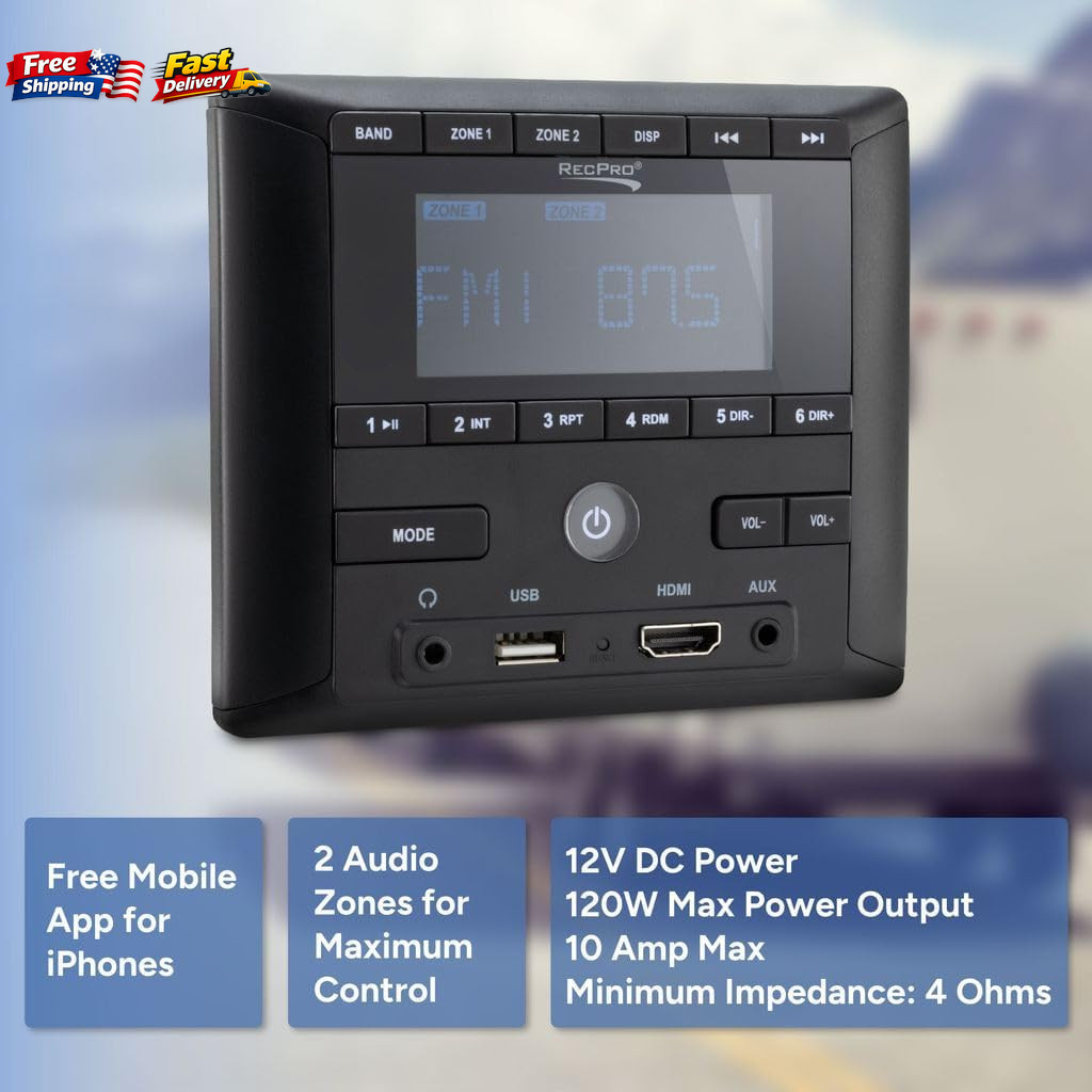 RV Stereo AM/FM Radio with Bluetooth HDMI Aux-in 4-Channel Audio Sound System 1p