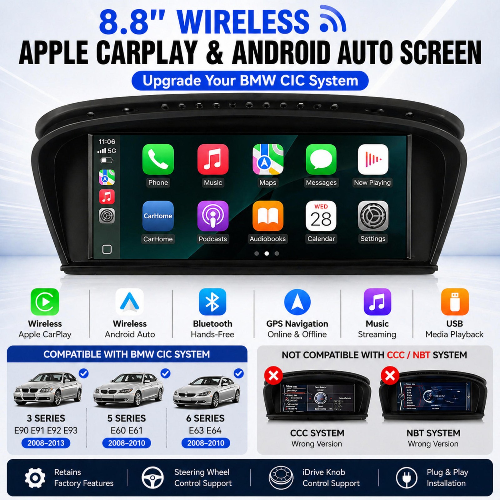 Wireless CarPlay TouchScreen For CIC BMW 3/5 Series E90 E91 E92/93 E60 E61 E63
