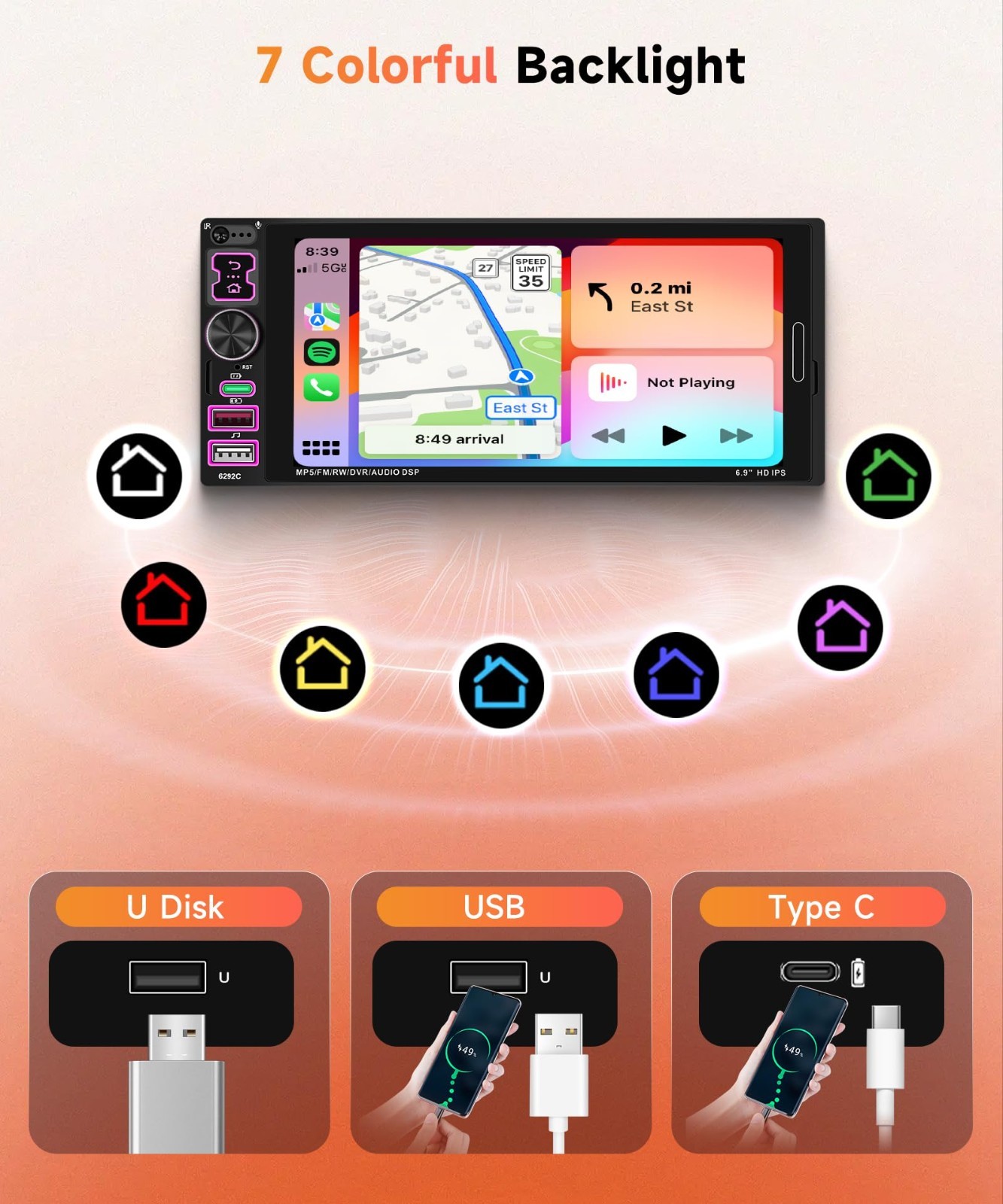 6.9″ Single Din Car Stereo, Bluetooth 5.2, Wired CarPlay & Android Auto, Touch S