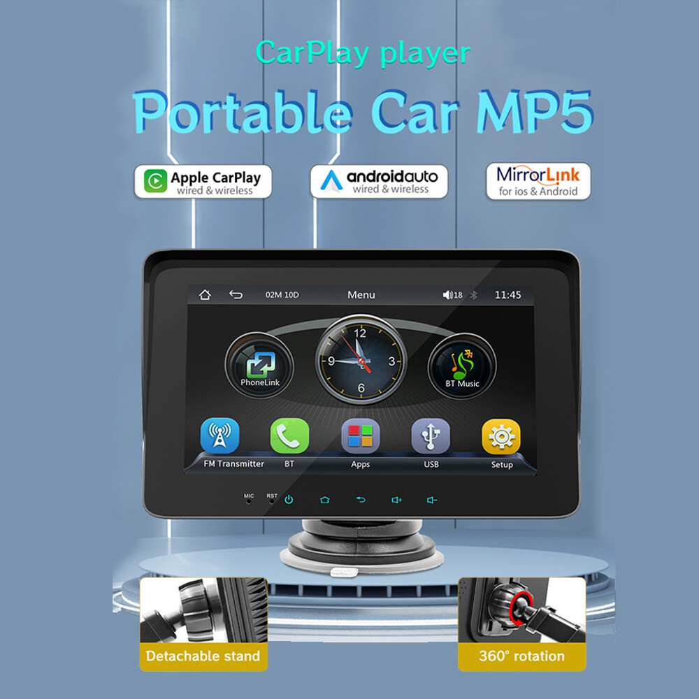 Portable 7″ Car Stereo Carplay/Android Auto Radio Bluetooth Airplay Touch Screen