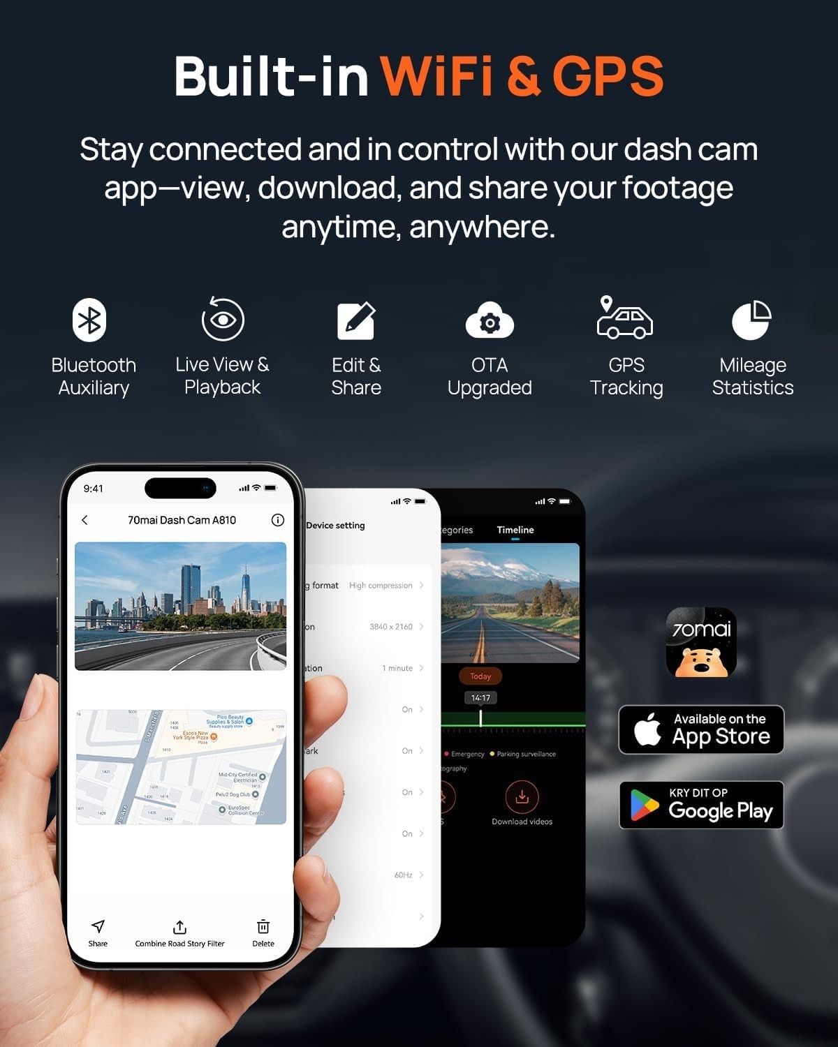 70mai A810 4K Dual Dash Cam Front/Rear, Starvis 2 HDR Night Vision, GPS, WiFi