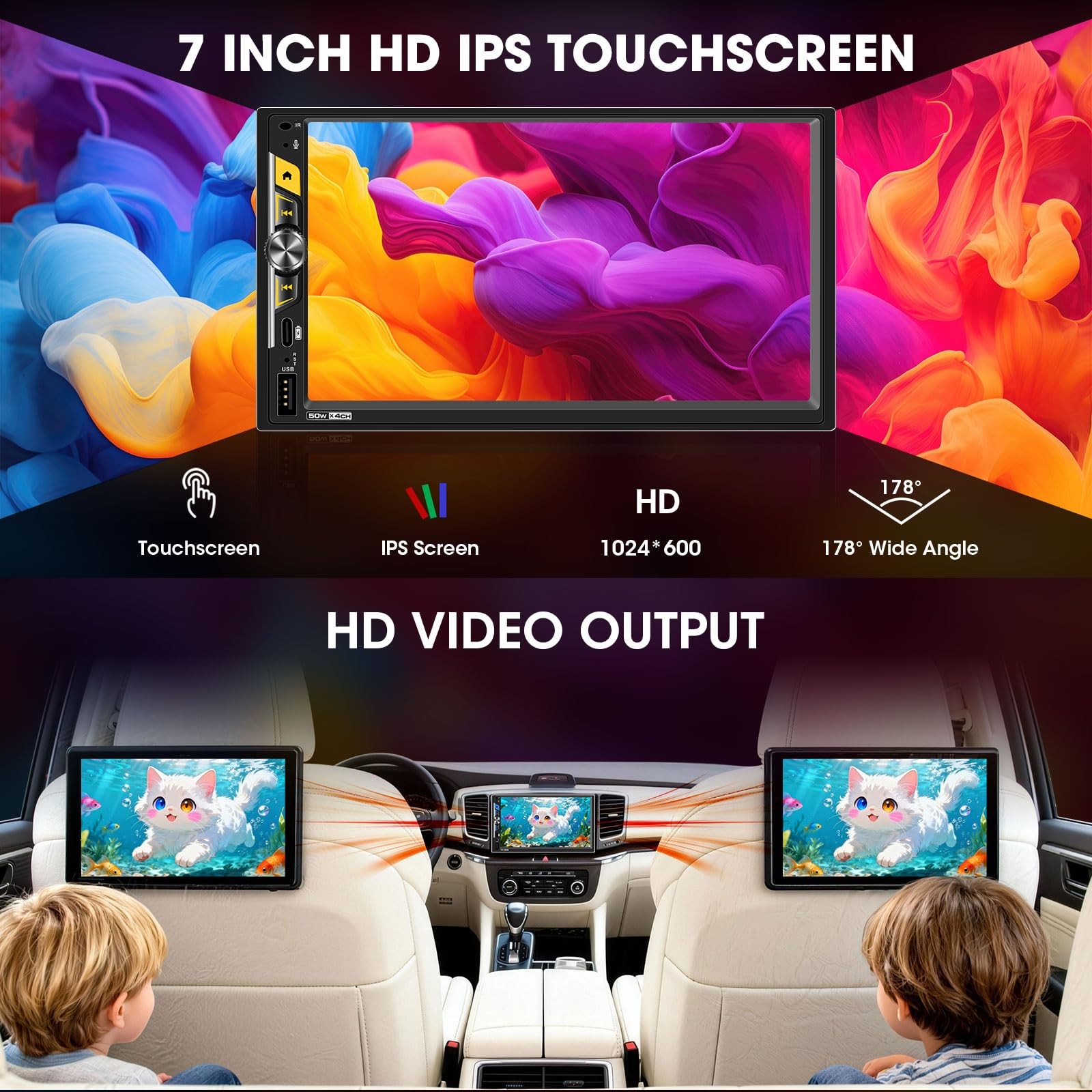 7″ Double Din Touchscreen Stereo – Wireless CarPlay Android Auto Car Radio Re…
