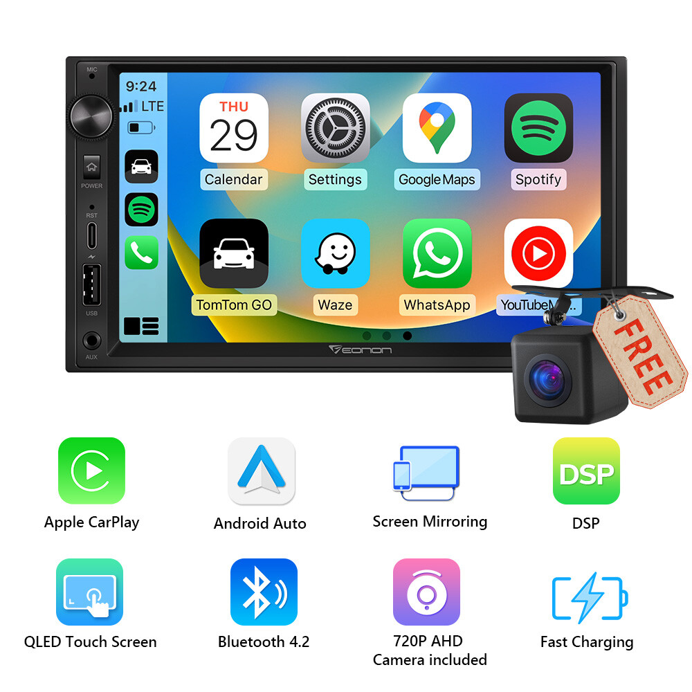 CAM+Double 2 DIN 7″ Touch Screen Android Auto CarPlay Car Stereo Radio Bluetooth