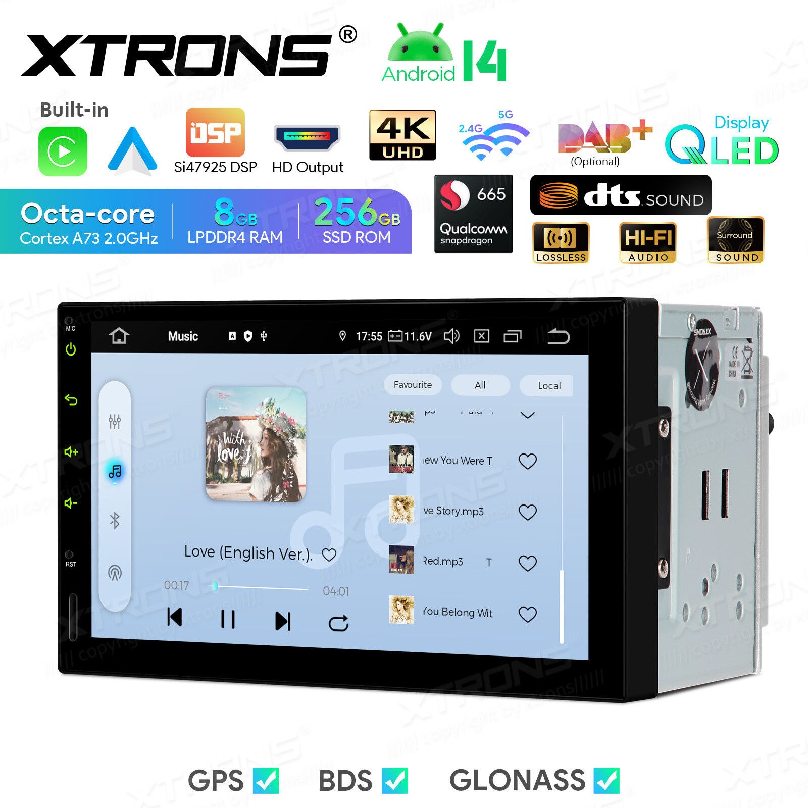 2 DIN Android 14 CarPlay Head Unit 8GB 256GB GPS DTS Sound 7″ Touchscreen WIFI