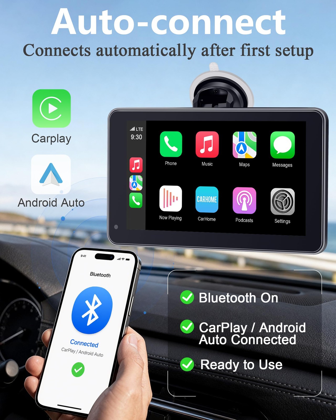 Portable Carplay Screen with Backup Camera – Plug-Play 7-inch HD 1080P Car To…