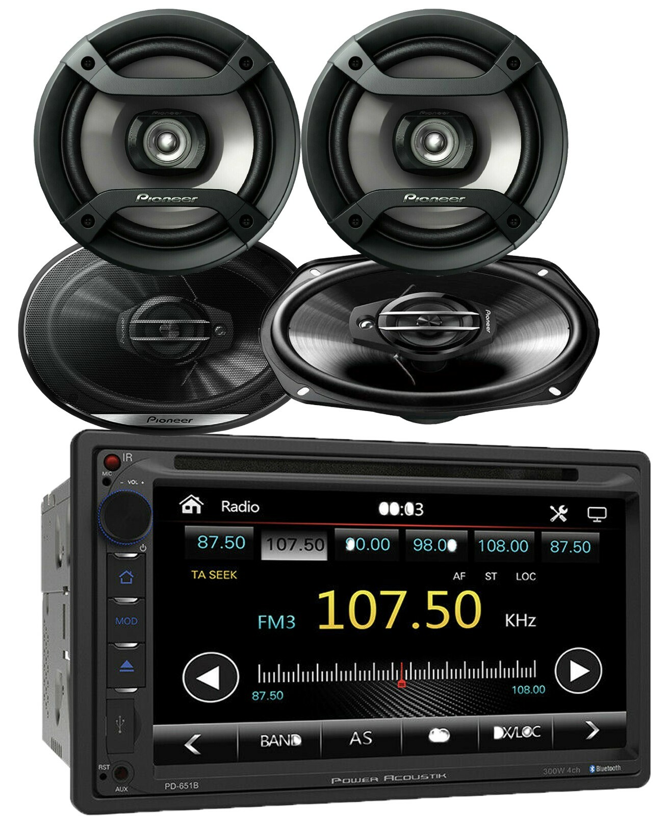 Power Acoustik PD-651B 2-DIN DVD/CD Receiver+ 2x Pioneer 6.5″ & 2x 6×9″ Speakers