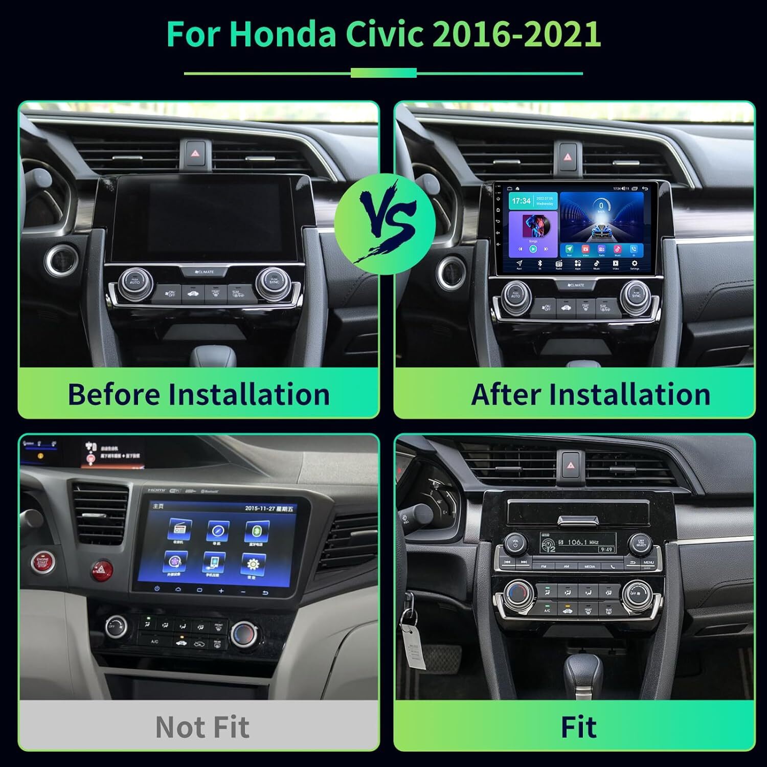 Apple Carplay Fit Honda Civic 2016-2020 Android 12 Car Stereo Radio Gps Wifi BT