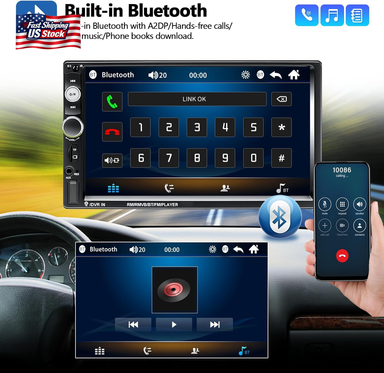 Amprime Double Din Car Stereo Radio with Bluetooth 7” Touch Screen FM Receiver M