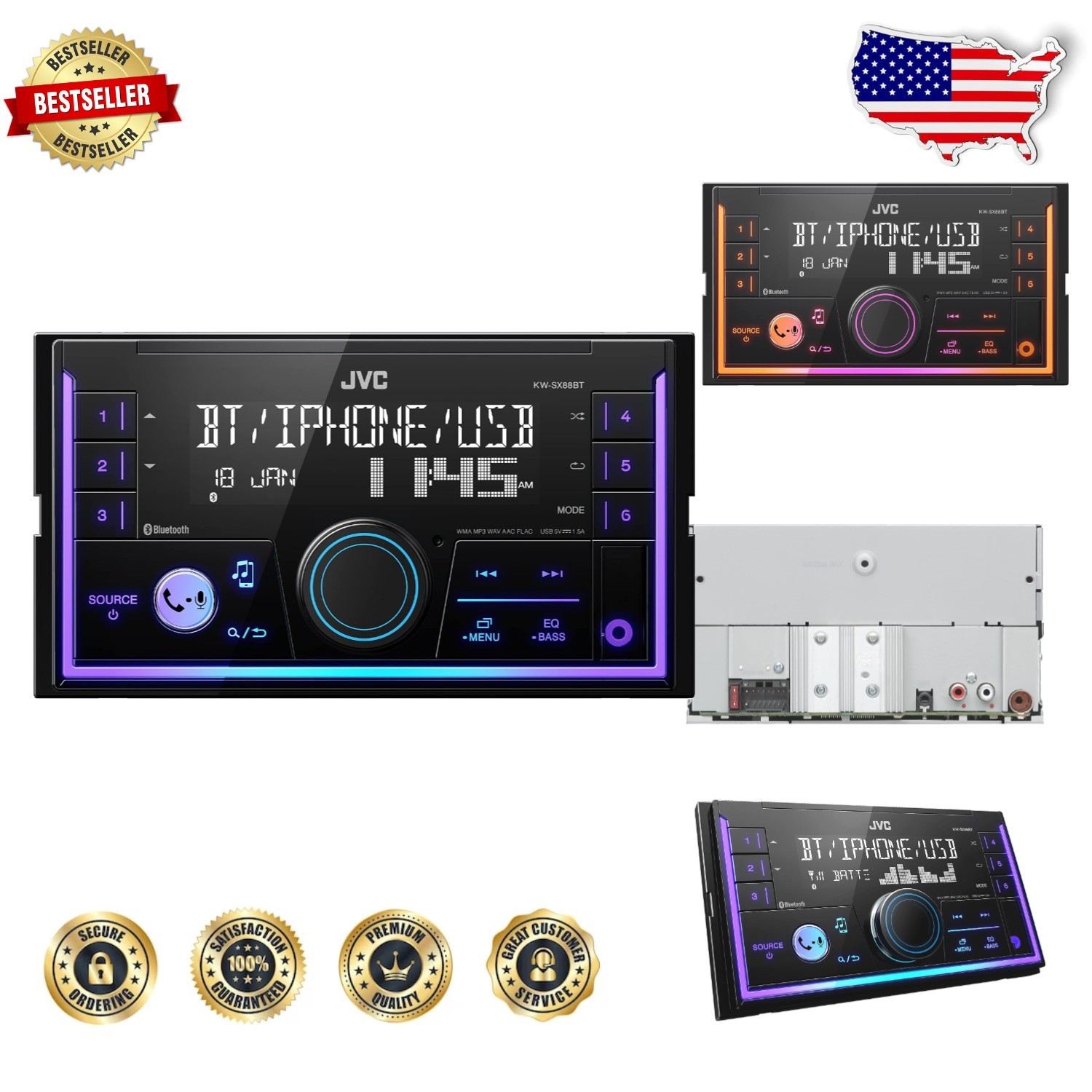 KW-SX88BT Double DIN Car Stereo Bluetooth 200W Receiver 13-Band EQ USB Spotify