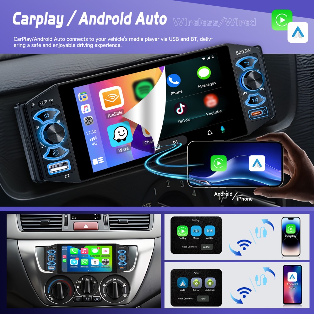 5″ Single 1Din Car Stereo Radio USB BT Wireless Android auto Carplay BT + Camera