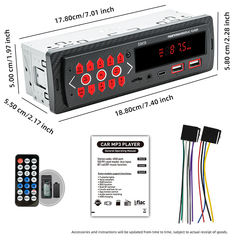 Single 1 Din Car Radio Bluetooth Stereo FM/USB/AUX Head Unit In-Dash MP3 Player