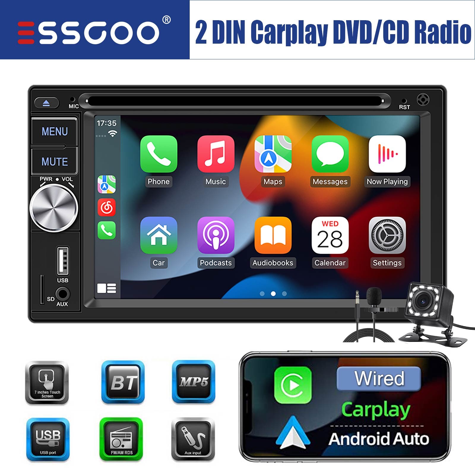Double 2 DIN Carplay Stereo Android Auto CD DVD Radio Bluetooth AM FM Camera MIC