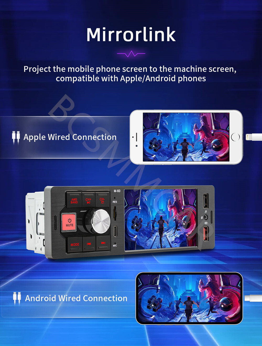 Touch Screen Car Stereo Radio 1 DIN 4.1in MP5/BT For Apple CarPlay Android/Auto