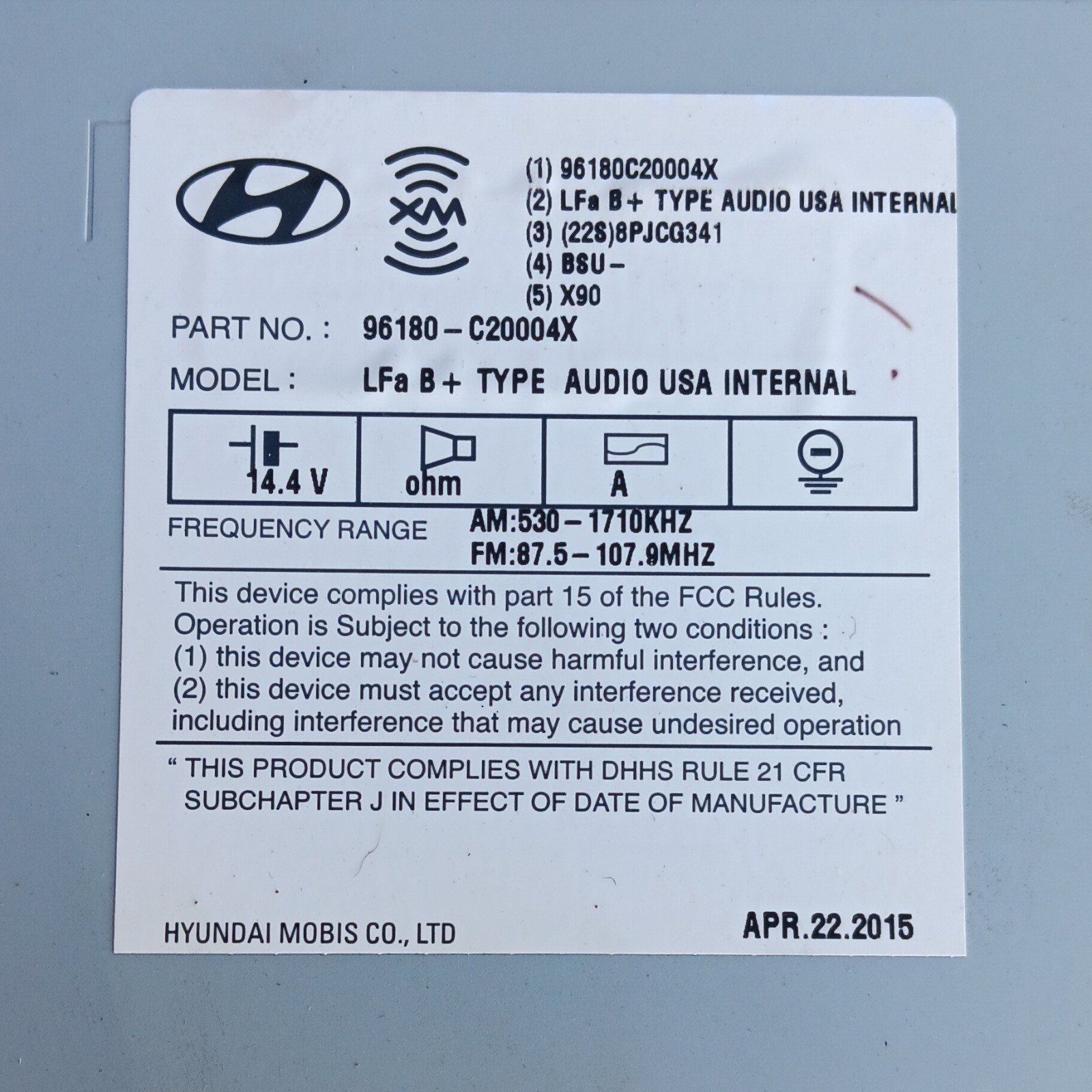 Hyundai LFa B+ TYPE AUDIO USA INTERNAL 96180-C20004X 2 DIN Radio Media Input
