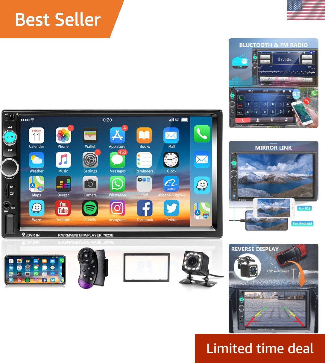 Stylish Double Din 7-Inch Touchscreen Car Stereo with Bluetooth & PhoneLink