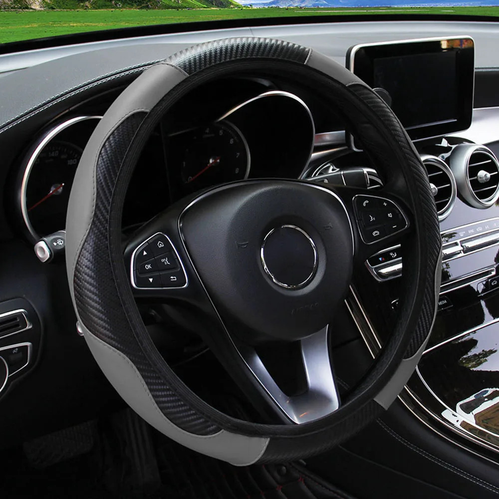PU Carbon Fiber Leather Car Steering Wheel Cover without Inner Ring Suitable for