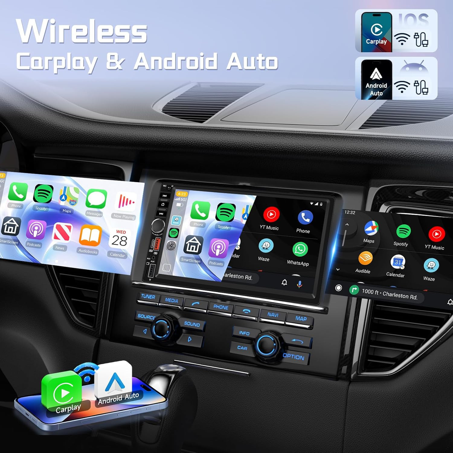 Double Din 7 Inch Touchscreen Car Radio Wireless Carplay Android Auto, 2 Din Car