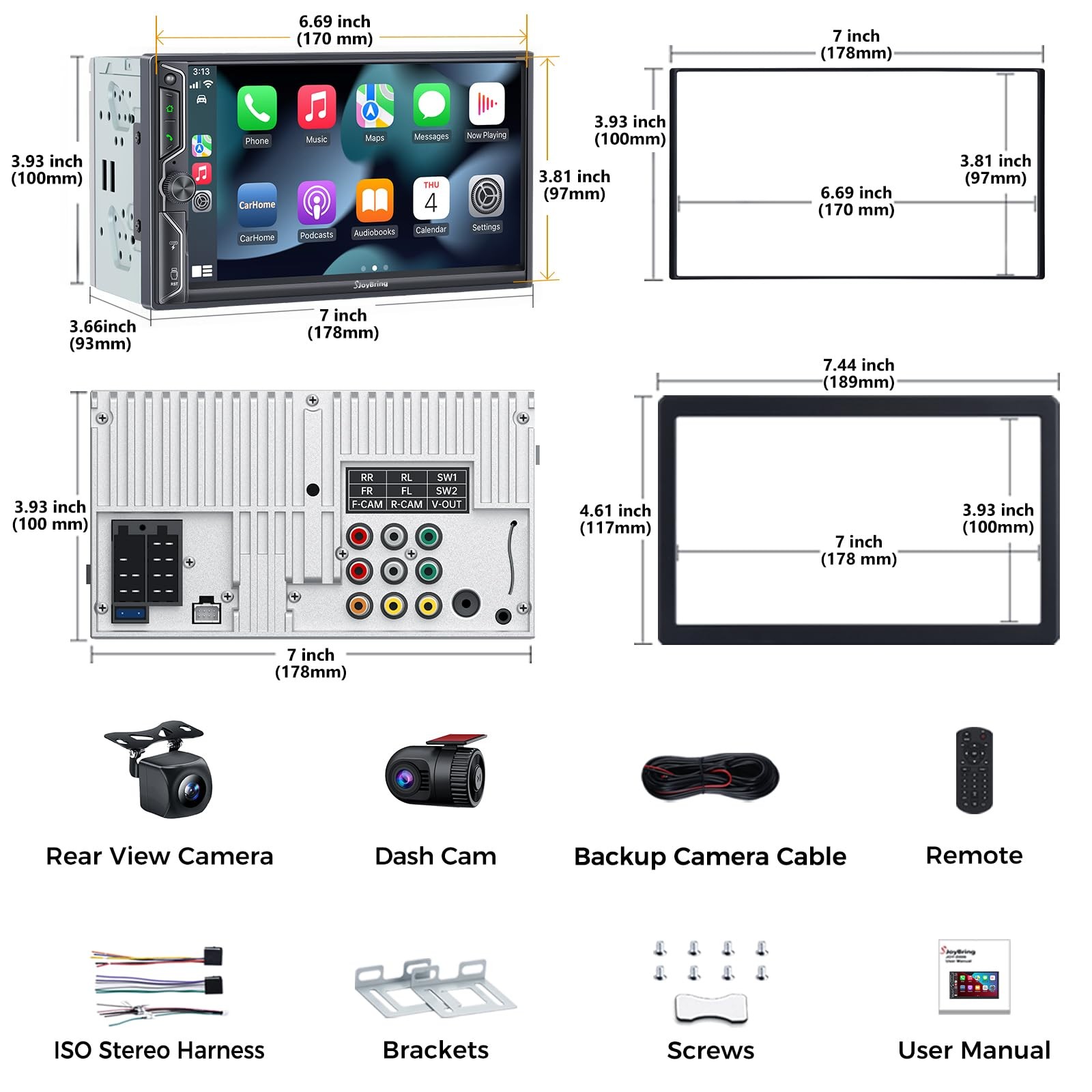 SJoyBring 7″ QLED Double Din Car Stereo Compatible with Wireless Apple CarPla…