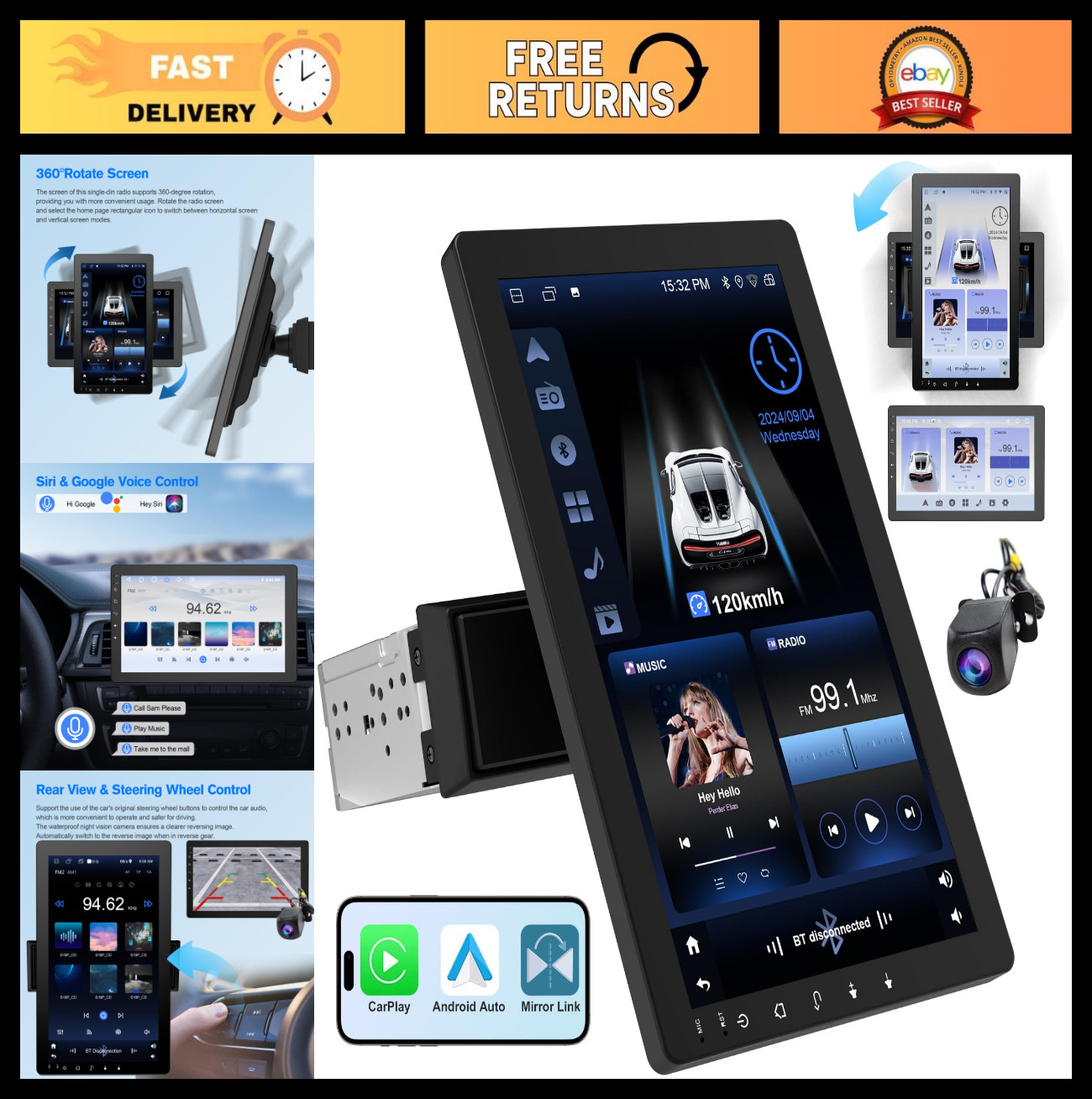 10.1″ Single DIN Car Stereo, Wireless Apple CarPlay & Android Auto, Bluetooth, W