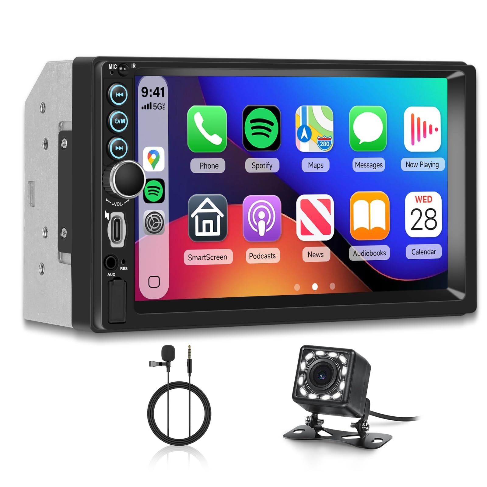7″ Double Din Car Stereo – HD Touchscreen, Wireless CarPlay, Android Auto, Bluet
